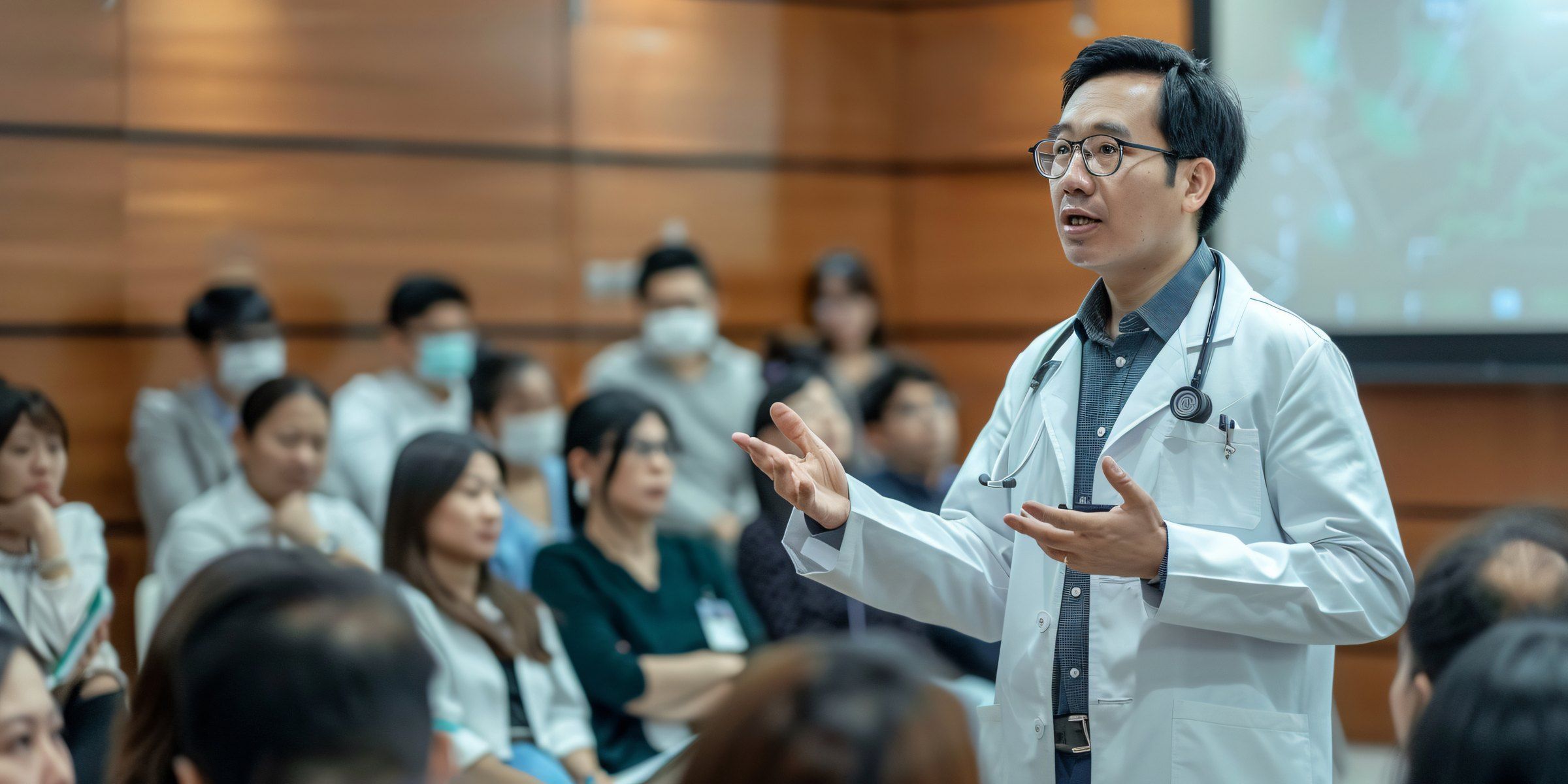Doctor presenting to a room of healthcare professionals